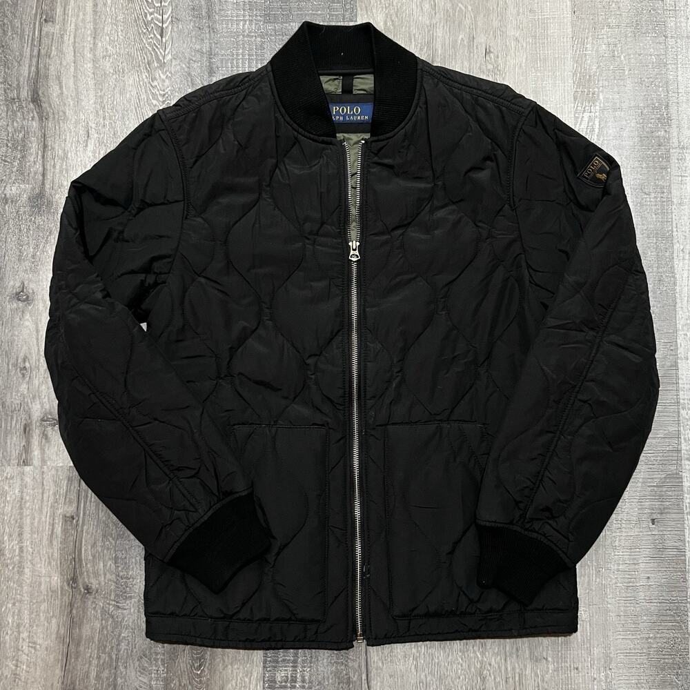 Polo Ralph Lauren Black Quilted Bomber Jacket Mens XS Full Zip Crest Logo M-65